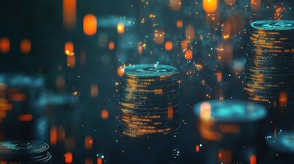 Sticker - Digital Financial Data with Floating 3D Coins and Sparkling Effects