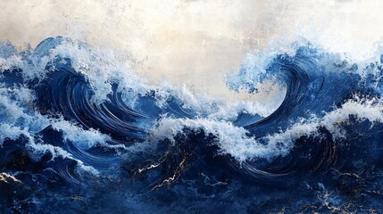 Poster - Dramatic ocean waves, blue and white hues, abstract painting style.