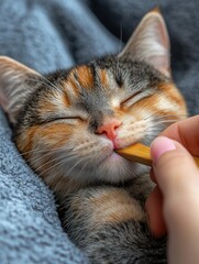 Wall Mural - A person gently touches a sleeping cat's face with a wooden stick.