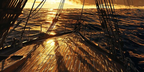 Poster - Golden sunset view from sailboat deck at sea.