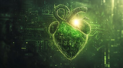 Poster - A glowing green human heart with circuit board texture, set against a dark green circuit board background.