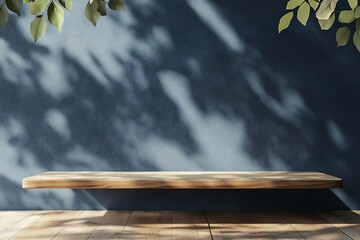 Aufkleber - Empty wooden shelf against a blue wall with leaf shadows.