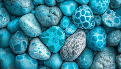 Poster - Close-up of numerous smooth, teal and gray patterned stones.