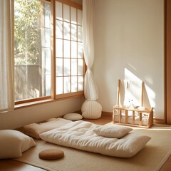 Poster - Sunlit room with futon, pillows, and traditional Japanese sliding door.