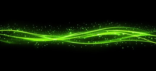 Poster - Abstract green glowing wave with particles on black background.