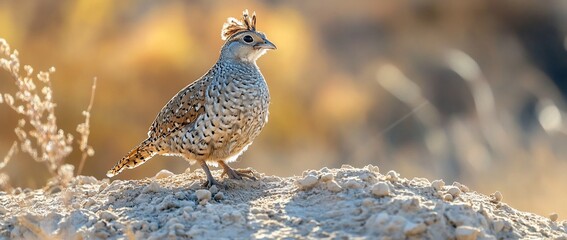 Poster - A female Montezuma quail perched on a small mound of light-colored soil, with a blurred golden background.