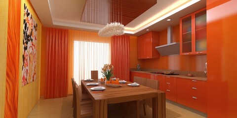 Wall Mural - A vibrant modern kitchen and dining area with orange decor and wooden furniture.