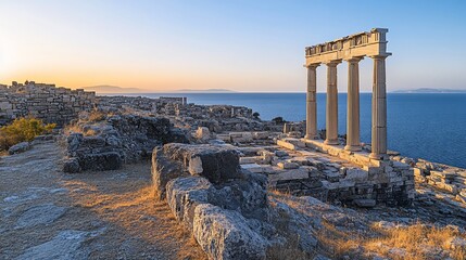 Poster - Ancient Greek temple ruins at sunset overlooking the sea.