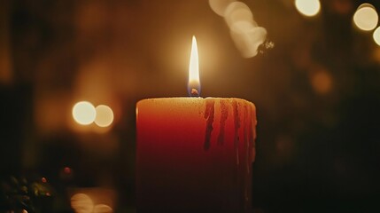 Poster - A single red candle burning brightly, with bokeh lights in the background.