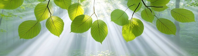 Wall Mural - Sunlight filtering through green leaves in a serene forest setting.