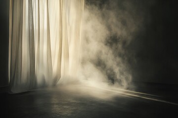 Aufkleber - Sunlit fabric drapes in a smoky, dimly lit room.
