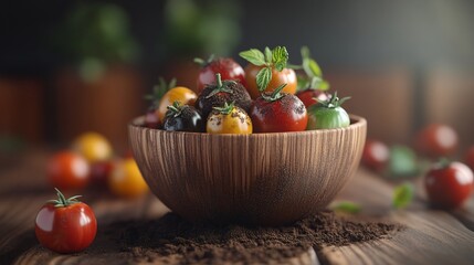 Sticker - Colorful heirloom cherry tomatoes in a wooden bowl on a rustic wooden table with soil.