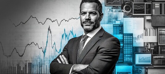 Poster - Confident businessman with arms crossed, standing in front of financial charts and data screens.