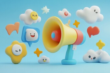 Fototapete - Colorful 3D illustration of a megaphone surrounded by cartoon clouds and social media icons, symbolizing communication and marketing.