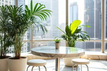 Poster - Marble table with plants in modern office, city view.