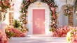 © cilipianwe - Pink door entrance adorned with lush floral arrangements, showcasing a beautiful home exterior.