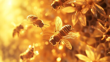 Aufkleber - Honeybees in flight, swarming around honeycomb in warm golden light.