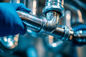 Aufkleber - Close-up of gloved hands installing a metal pipe fitting.