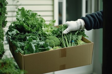 Wall Mural - Gloved hand delivers a cardboard box filled with fresh green leafy vegetables, including lettuce, kale, broccoli, and parsley.