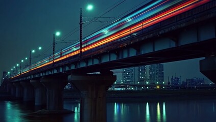 Aufkleber - Night cityscape with a speeding train crossing a bridge over a river.