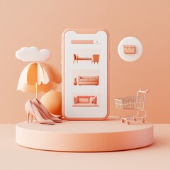 Aufkleber - Online shopping app interface displaying furniture and shoes on a phone screen.