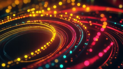 Wall Mural - Neon yellow and red circles creating a ripple effect in 3D space, with glowing neon trails.