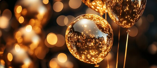 Poster - Golden balloons with bokeh lights glow in the dark.