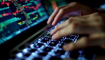 Poster - Close-up of hands typing on laptop keyboard displaying stock market data.