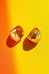 Aufkleber - Two golden, metallic, curved objects on a vibrant yellow-orange background, casting shadows.