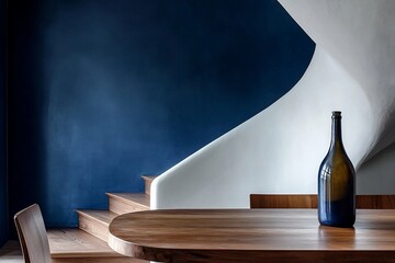 Poster - Dark blue wall, wooden table, curved white staircase, and a bottle.