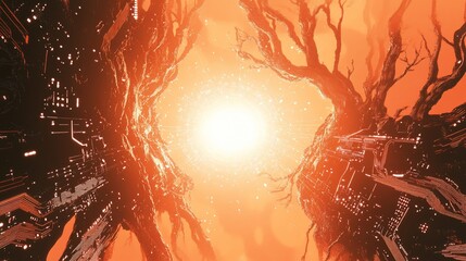 Poster - Glowing orb between futuristic, barren trees.