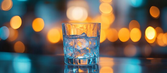 Poster - Ice cubes in a rocks glass on a bar counter with bokeh lights.