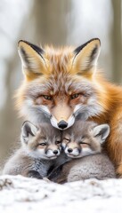 Wall Mural - A mother fox cuddles her two adorable kits in a snowy forest setting.