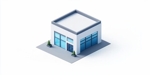 Poster - Isometric view of a small, modern building with blue windows, a flat roof, and small plants.
