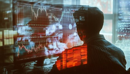 Fototapete - Hacker analyzing stock market data on multiple monitors, shrouded in smoke.