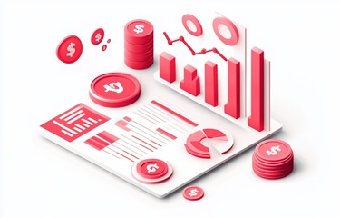 Aufkleber - 3D isometric illustration of financial data, charts, graphs, and coins, representing financial analysis and market trends.