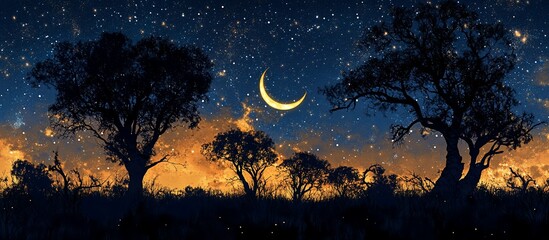 Poster - Night sky over savanna with crescent moon, silhouetted trees, and fireflies.
