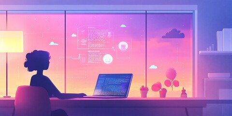 Aufkleber - Woman working on laptop at sunset, facing window with digital data overlay.