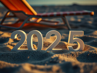 Wall Mural - white 2025 numerals on a sandy beach at sunset