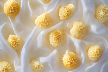 Poster - Pale yellow, textured, organic shapes arranged on white fabric.