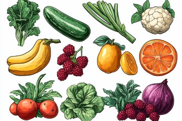 Wall Mural - Colorful illustration of fresh fruits and vegetables including bananas, raspberries, oranges, zucchini, cauliflower, and leafy greens.