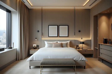 Wall Mural - Stylish interior of contemporary room with comfortable bed. Front view.