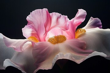 Aufkleber - Close-up of a delicate pink and white iris flower, its petals softly illuminated against a dark background.