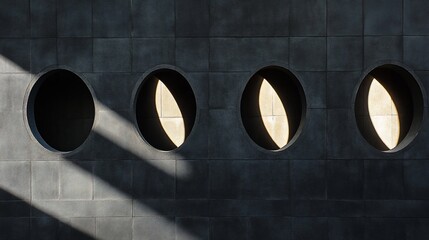 Poster - Four oval windows in a dark grey wall, illuminated by sunlight casting shadows.