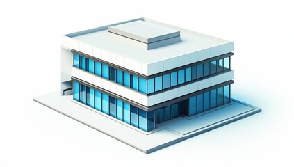 Poster - Isometric view of a modern, two-story office building with large windows and a flat roof, isolated on a white background.