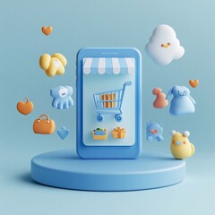 Aufkleber - 3D render of online shopping app interface with cute cartoon elements on pastel blue background.