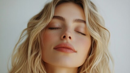 Portrait of sensual beautiful blonde model posing with closed eyes