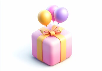 Poster - Pink gift box with yellow ribbon and pastel balloons.