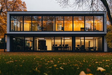 Aufkleber - Modern glass office building at dusk, autumn leaves in foreground.