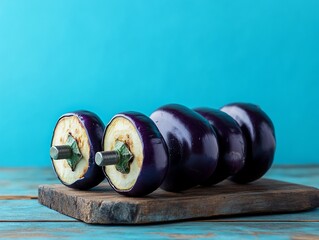 Poster - Grilled eggplant slices on a wooden board against a blue background.